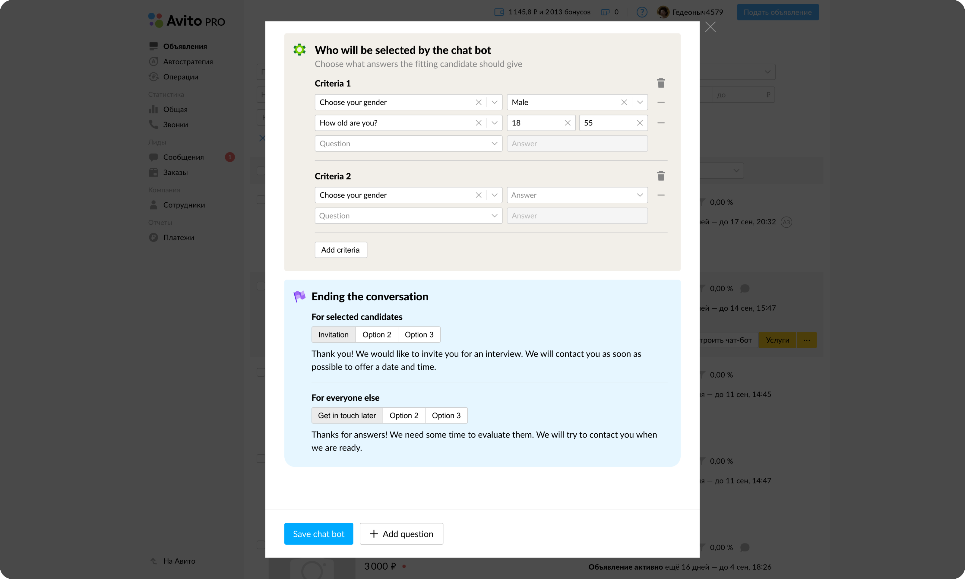 Avito Chatbot Interface